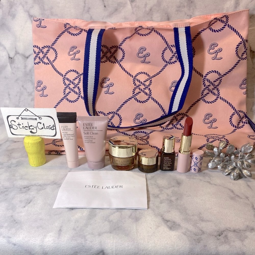 Estee Lauder Beauty Gift Set-Blush Tote,Lipstick,Night Repair,Eye Cream-7pc-NEW